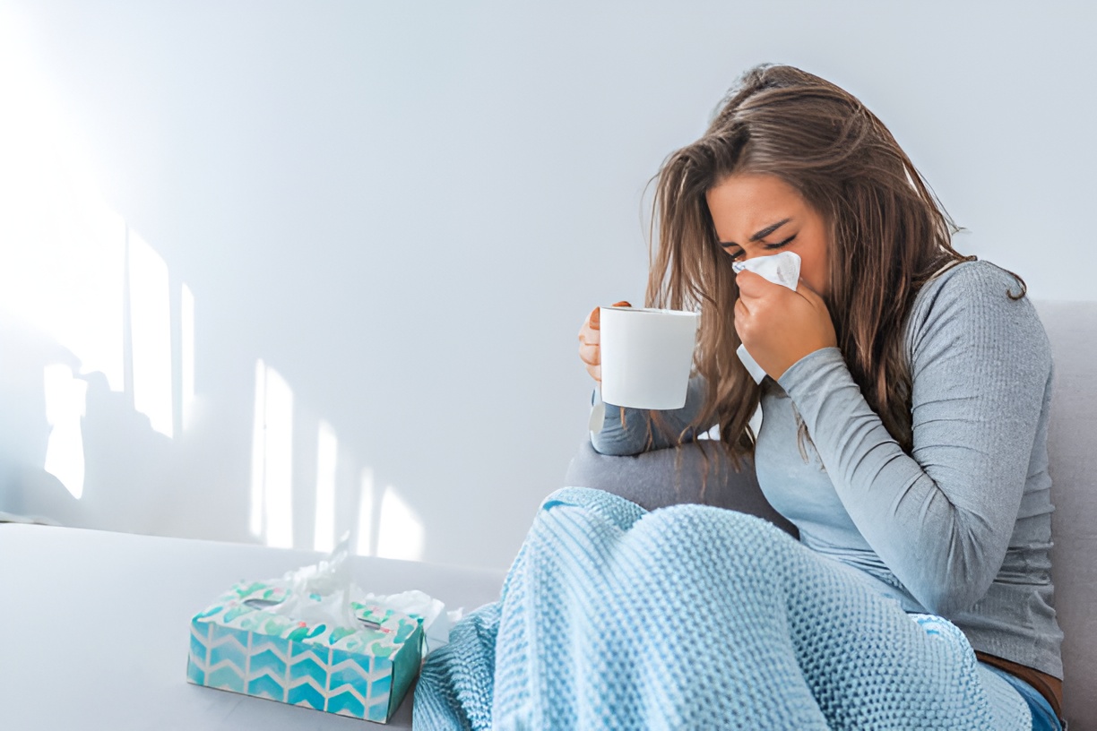 woman sneezing into a tissue while holding a cup
