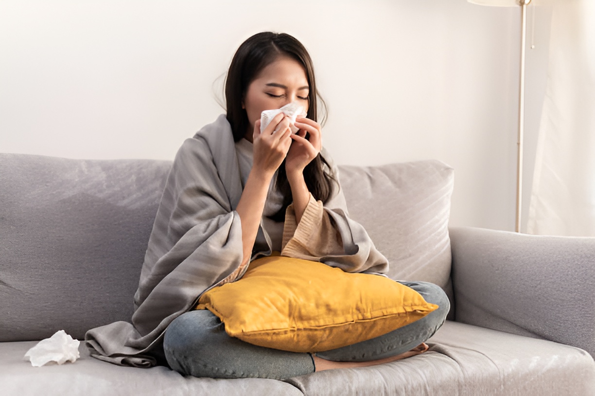 woman seated on a couch, sneezing into a tissue